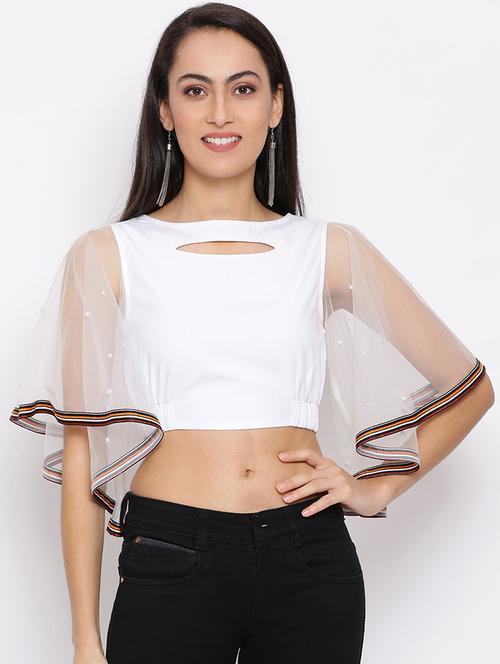 women solid flared sleeves crop top - 21863993 - Standard Image - 0
