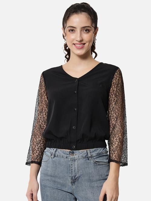 women solid laec detailed crop regular top - 21864012 - Standard Image - 0