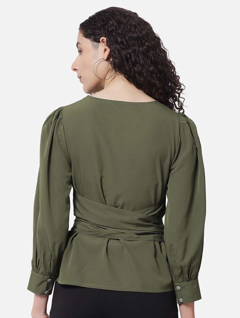 women solid long sleeves tie up detailed regular top - 21864017 -  Standard Image - 3