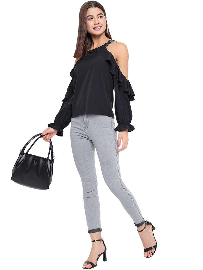 women solid cold shoulder regular top - 21864025 - Standard Image - 5