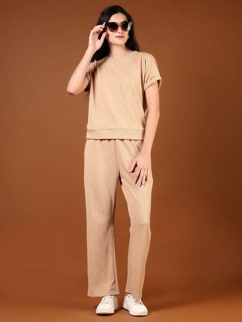 women solid t-shirt and trouer co-ord set - 21864396 -  Standard Image - 0