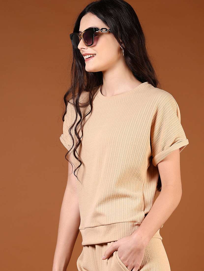 women solid t-shirt and trouer co-ord set - 21864396 -  Standard Image - 3