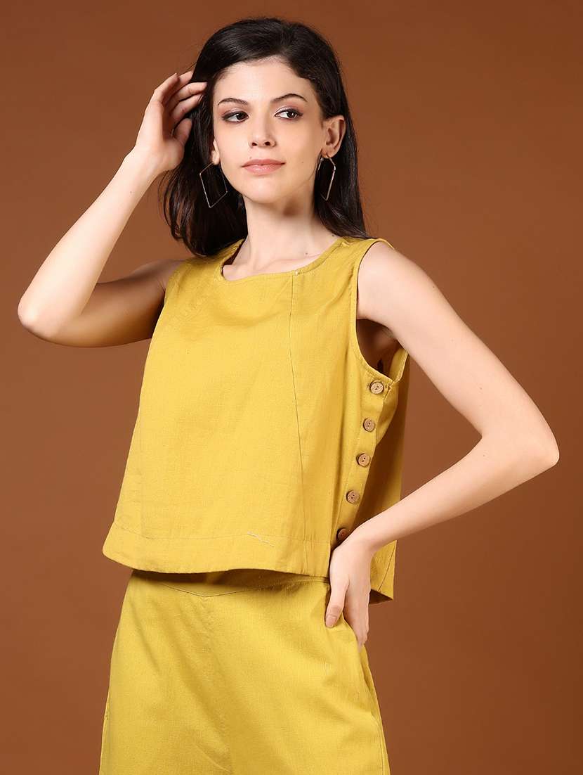 women yellow solid sleeveless top & palazzo co ord set - 21864432 -  Standard Image - 5