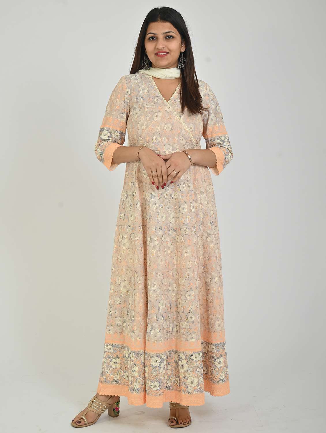 women peach embroidered anarkali kurta with dupatta set