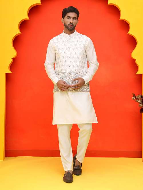 men mandarin neck kurta pyjama with jacket ethnic wear set - 21866019 -  Standard Image - 0