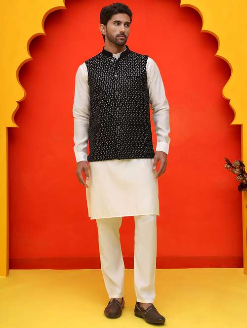 men mandarin neck kurta pyjama with jacket ethnic wear set - 21866021 -  Standard Image - 0