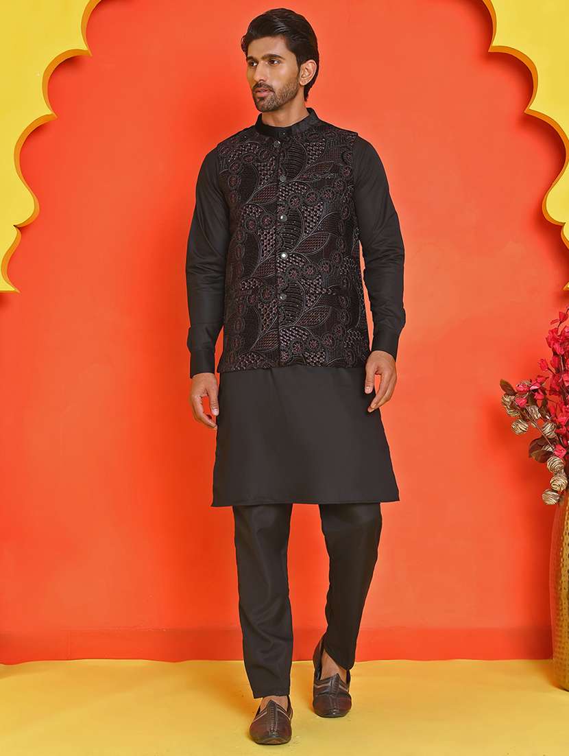 men mandarin neck kurta pyjama with jacket ethnic wear set - 21866022 -  Zoom Image - 0