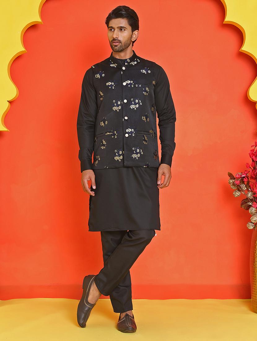 men mandarin neck kurta pyjama with jacket ethnic wear set - 21866023 - Zoom Image - 0