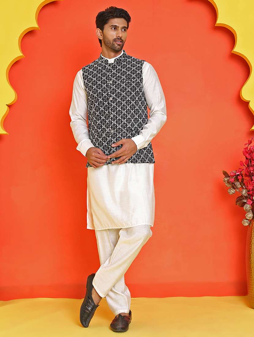 men mandarin neck kurta pyjama with jacket ethnic wear set