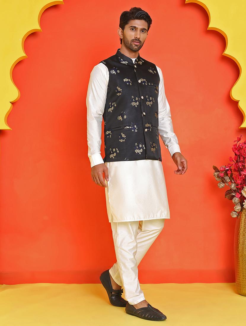 men mandarin neck kurta pyjama with jacket ethnic wear set - 21866028 - Zoom Image - 0