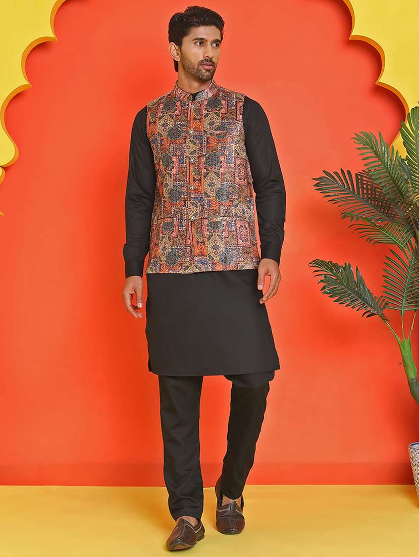 men mandarin neck kurta pyjama with jacket ethnic wear set