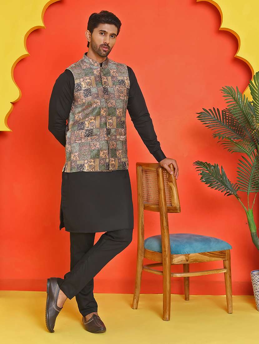 men mandarin neck kurta pyjama with jacket ethnic wear set