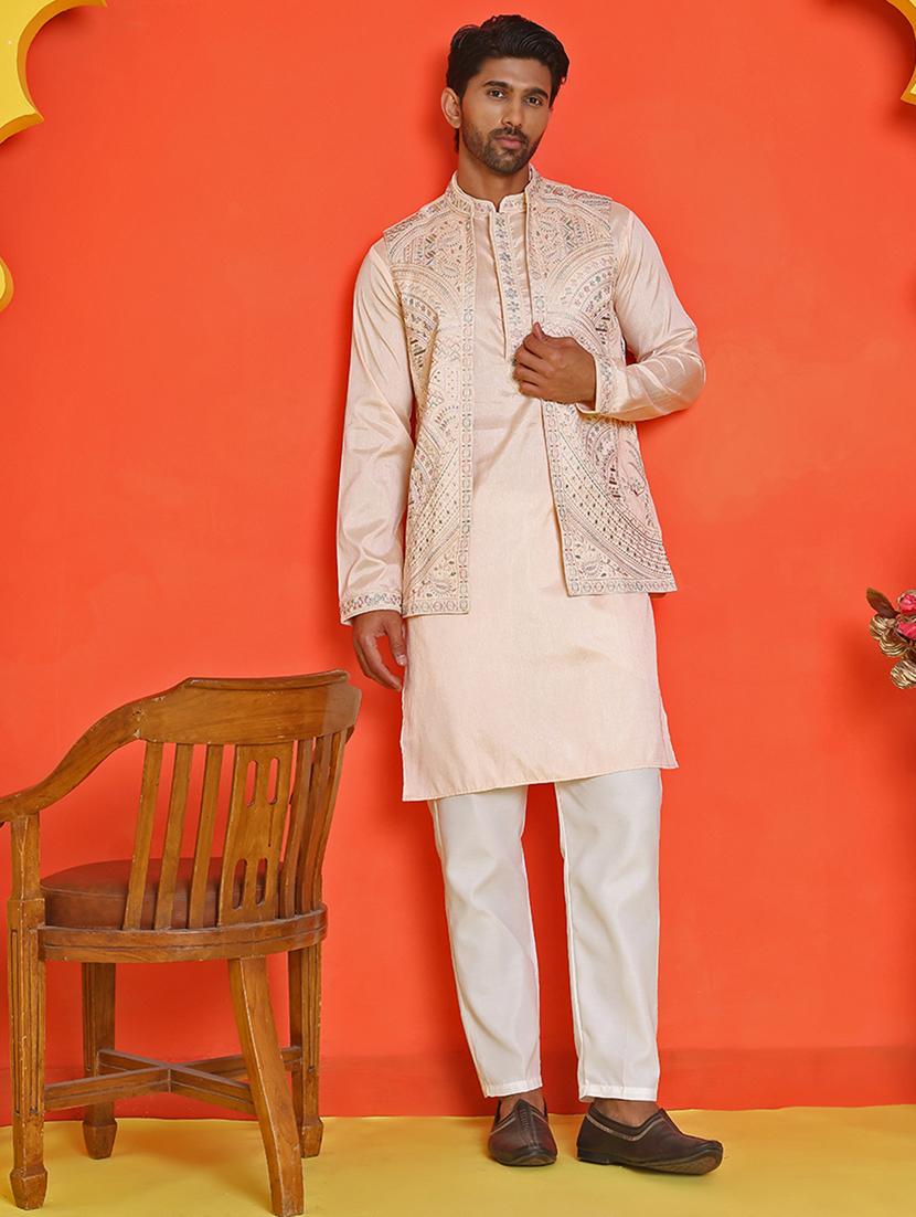 men mandarin neck kurta pyjama with jacket ethnic wear set - 21866033 -  Zoom Image - 0