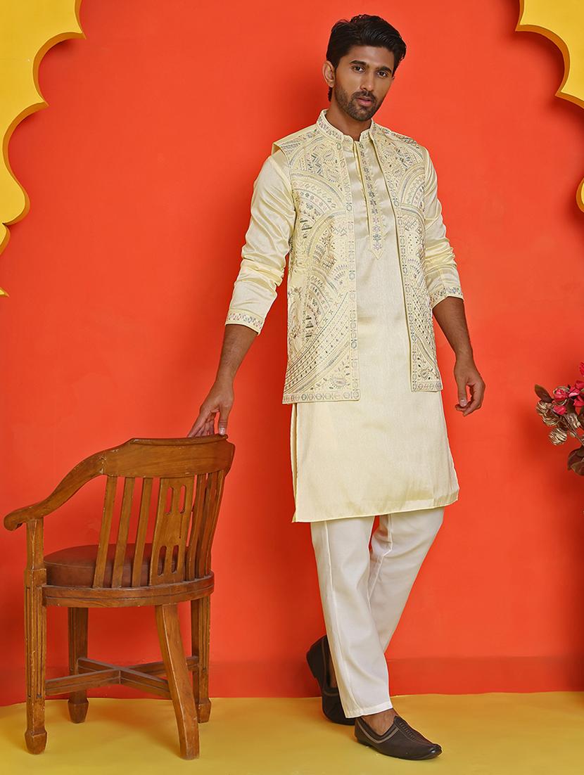 men mandarin neck kurta pyjama with jacket ethnic wear set - 21866034 -  Zoom Image - 0