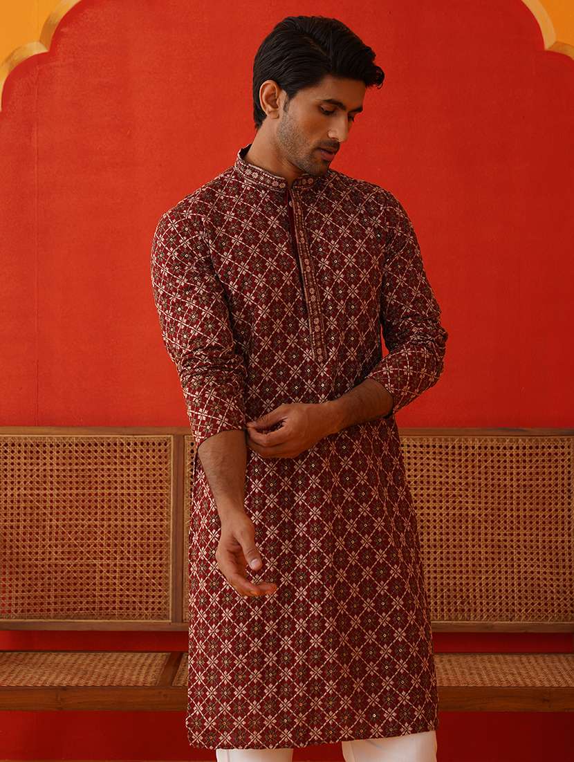 men embroidered mandarin neck long kurta  - 21866537 -  Zoom Image - 0