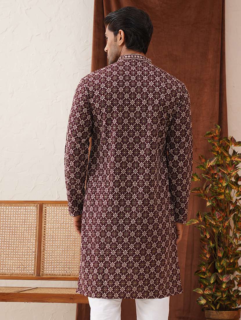 men embroidered mandarin neck long kurta - 21866539 - Standard Image - 3