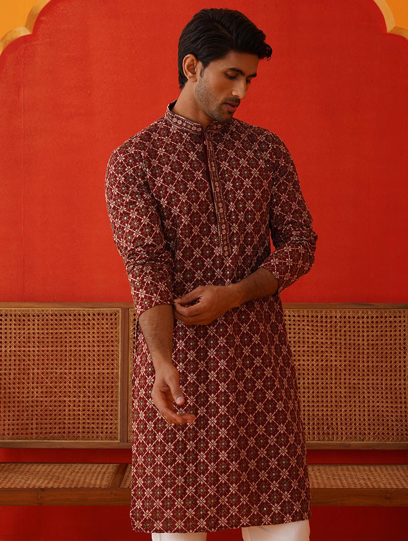 men embroidered mandarin neck kurta pyjama ethnic wear set - 21866583 - Zoom Image - 0