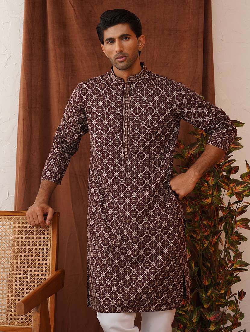 men embroidered mandarin neck kurta pyjama ethnic wear set