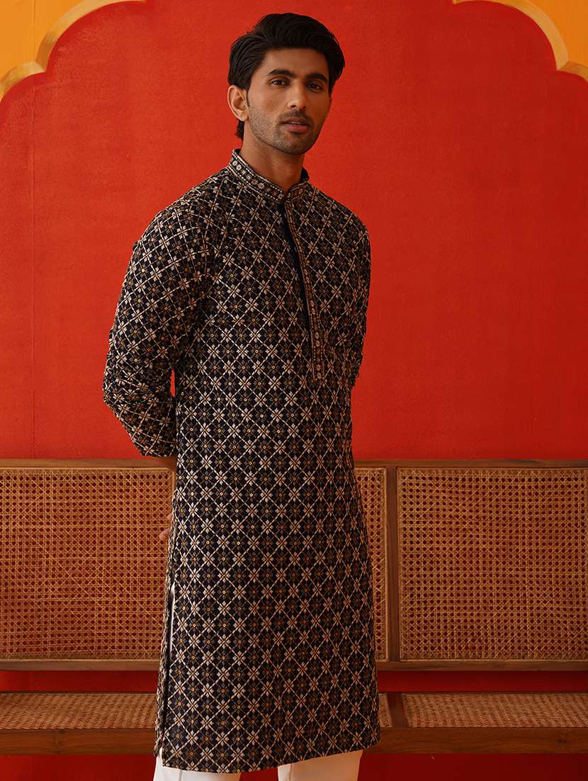 men embroidered mandarin neck kurta pyjama ethnic wear set