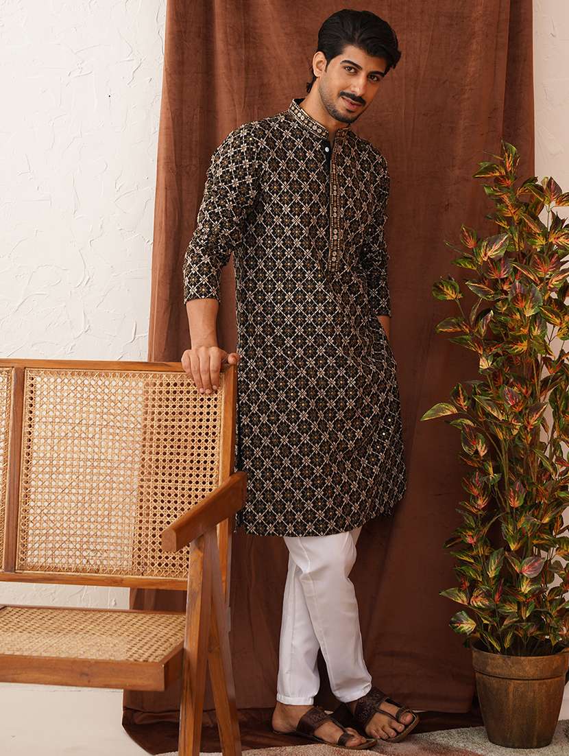 men embroidered mandarin neck kurta pyjama ethnic wear set