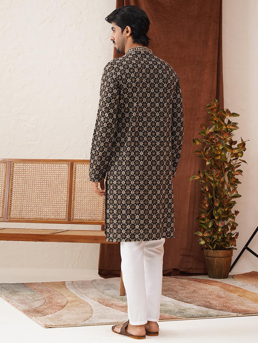 men embroidered mandarin neck kurta pyjama ethnic wear set - 21866587 - Standard Image - 3