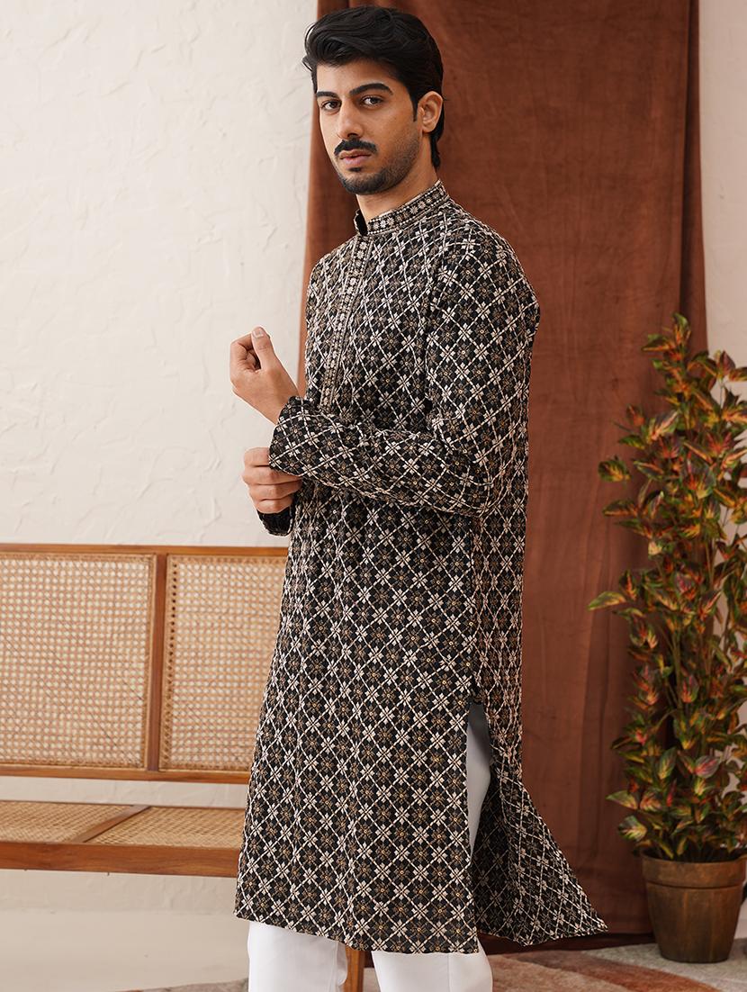 men embroidered mandarin neck kurta pyjama ethnic wear set - 21866587 - Standard Image - 5