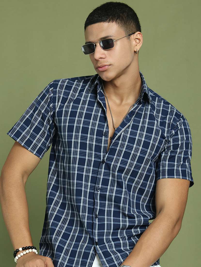 men checked short sleeve regular fit casual shirt 
