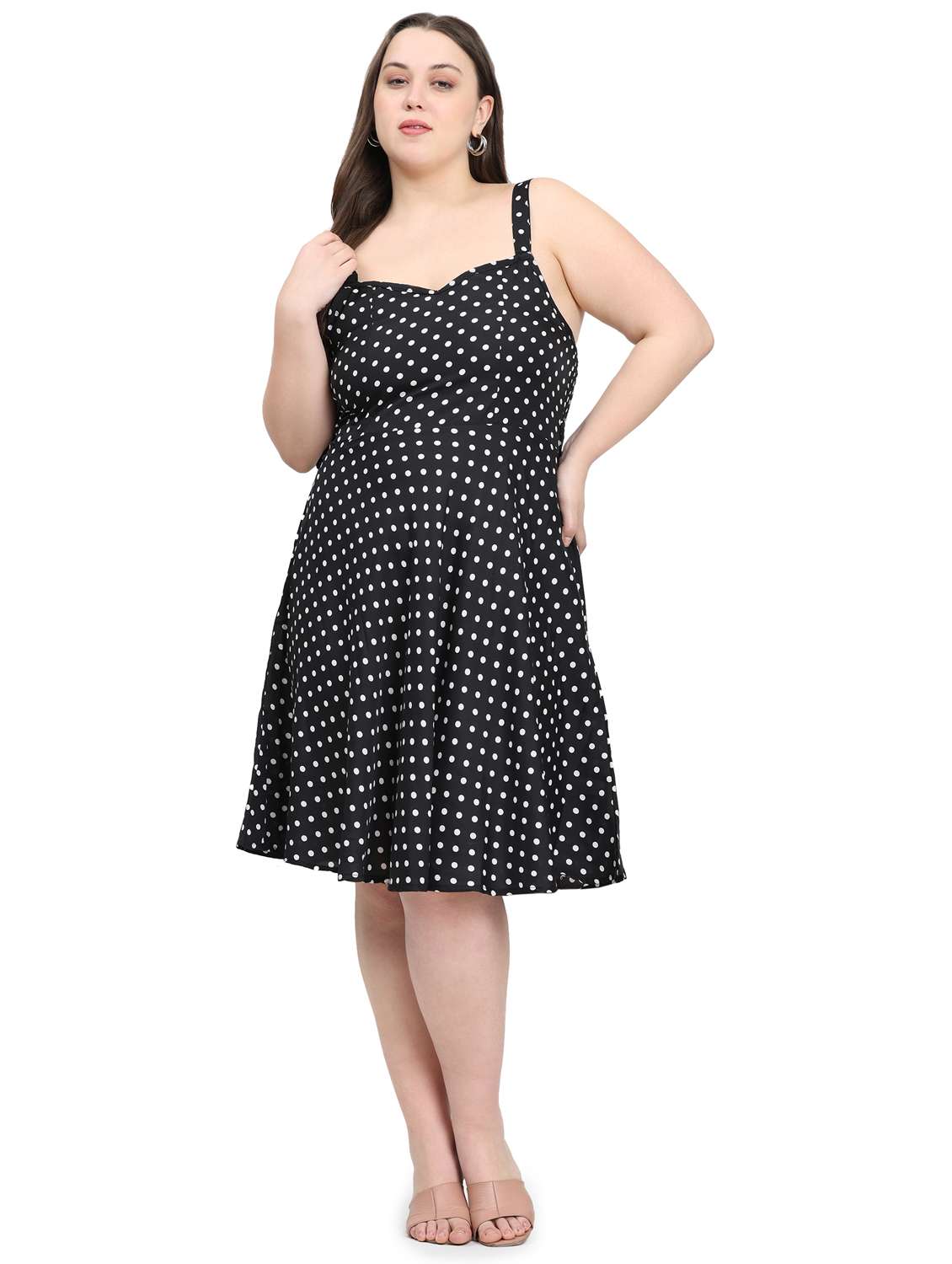 Women Plus Size Polka Doted Shoulder Strap Dress