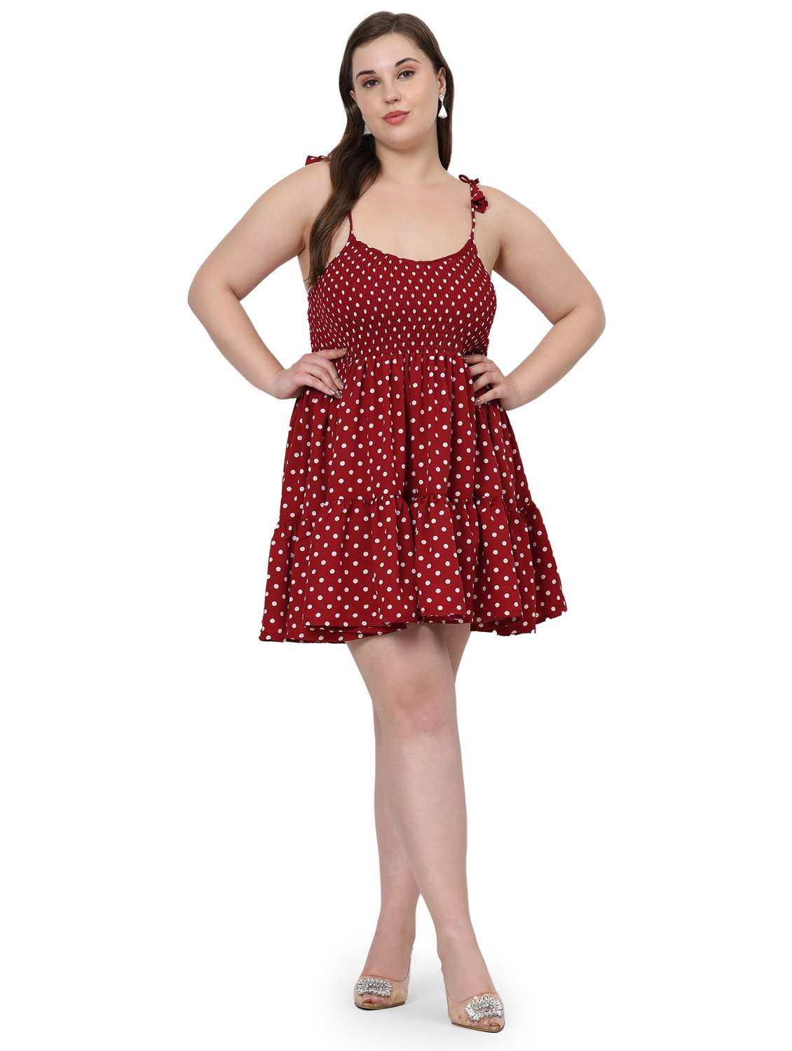 Women Plus Size Polka Doted Shoulder Strap Dress