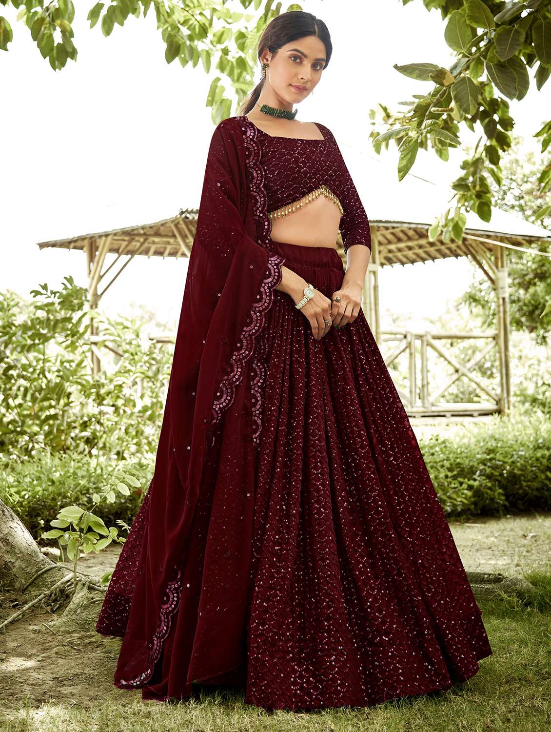 women flared semi stitched lehenga choli with dupatta set