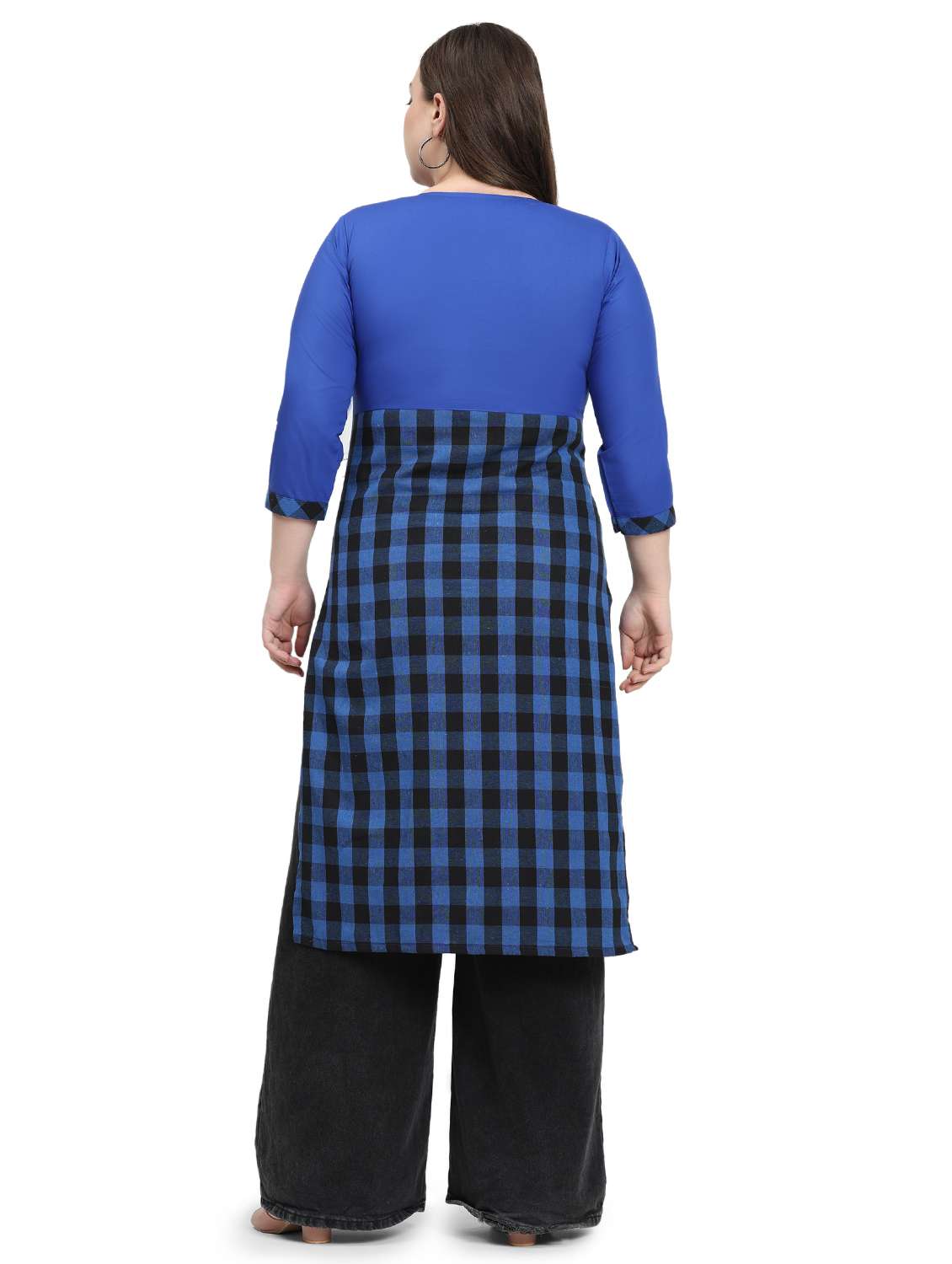 women checkered three quarter sleeve plus size straight kurta - 21869892 - Standard Image - 3