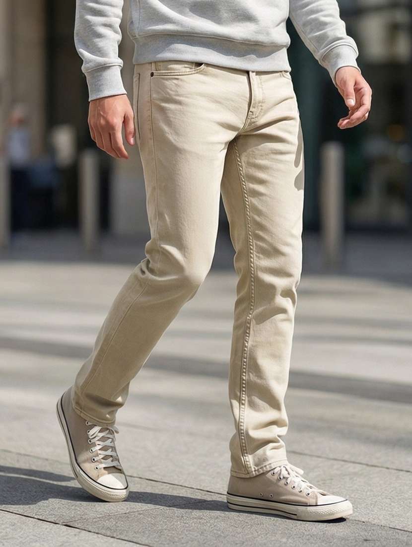 men plain high rise full length tapered jeans