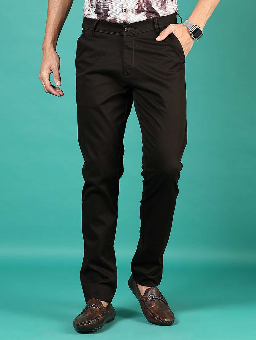 men solid md rise flat front casual chinos 