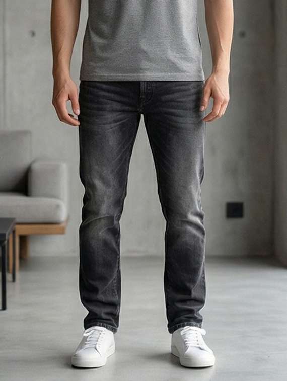men washed high rise full length tapered jeans