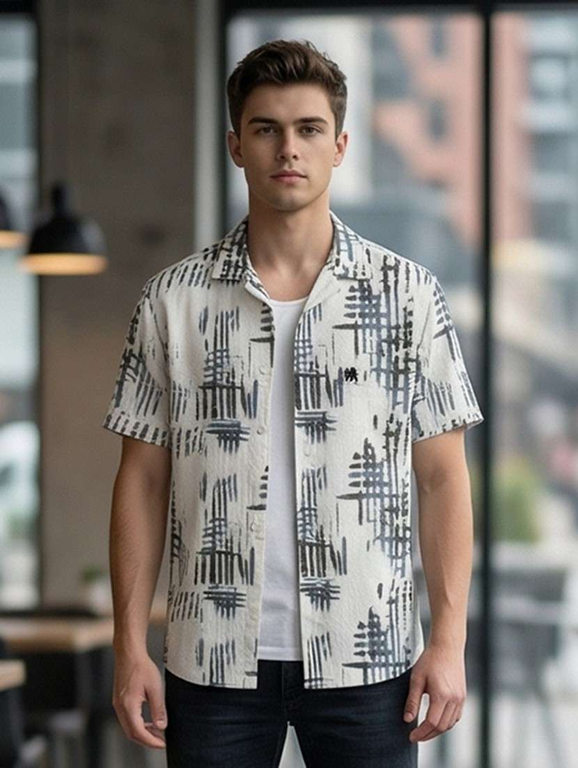 men printed short sleeve regular fit casual shirt