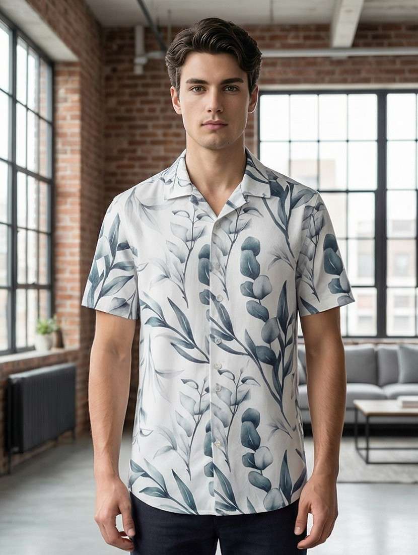 men floral printed short sleeve regular fit casual shirt