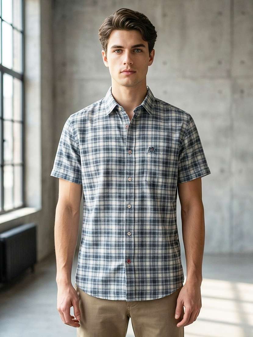 men checkered short sleeve regular fit casual shirt