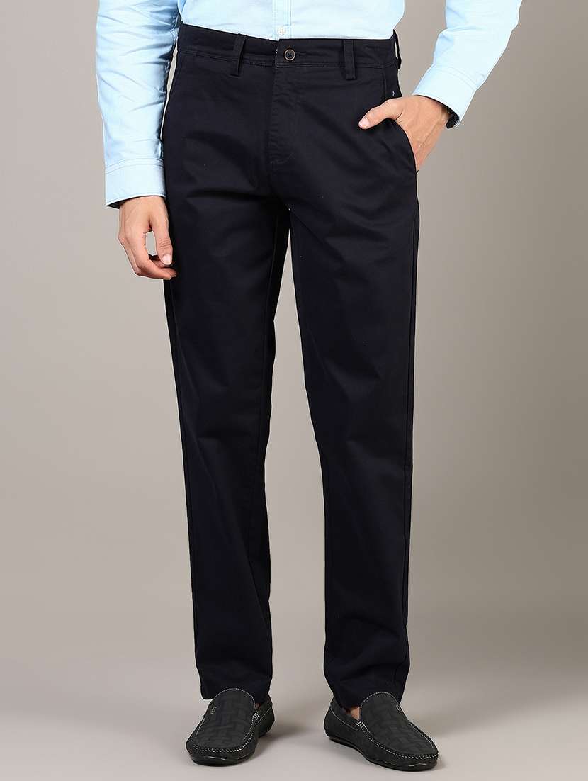 men solid md rise flat front casual chinos 