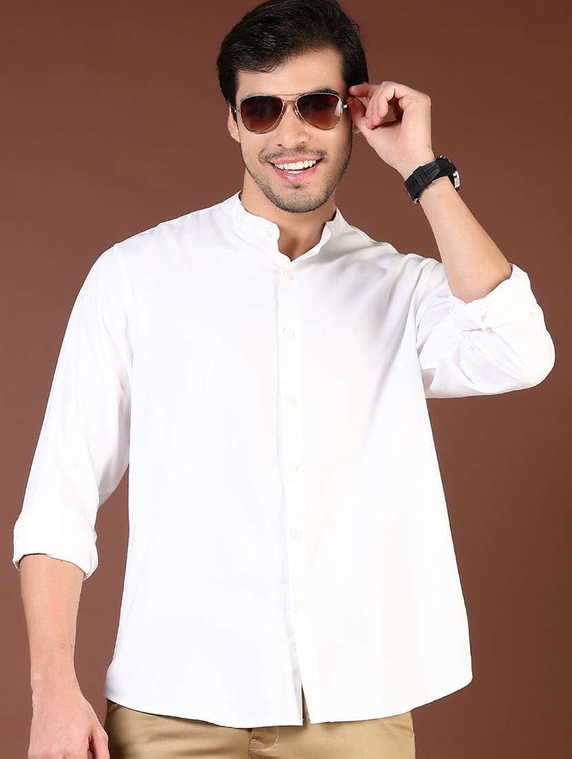 men solid mandarin collared long sleeve casual shirt