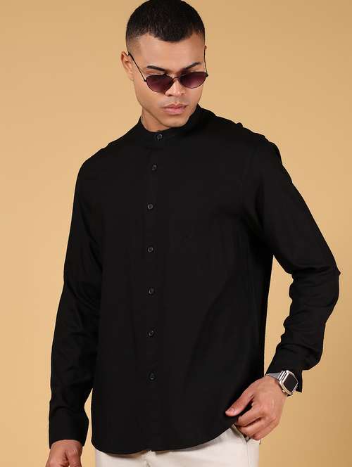 men solid mandarin collar long sleeve casual shirt - 21872697 -  Standard Image - 0