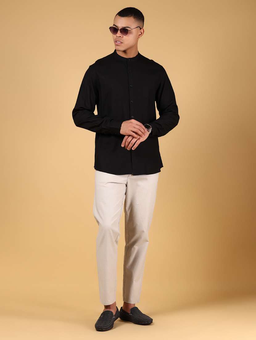 men solid mandarin collar long sleeve casual shirt - 21872697 -  Standard Image - 3