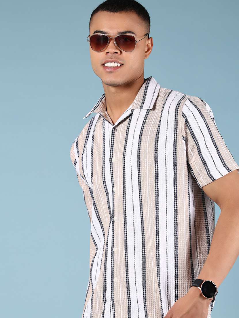 men striped collaerd short sleeve casual shirt