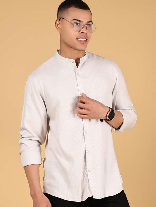 men solid mandarin collar long sleeve casual shirt - 21872776 -  Standard Image - 0