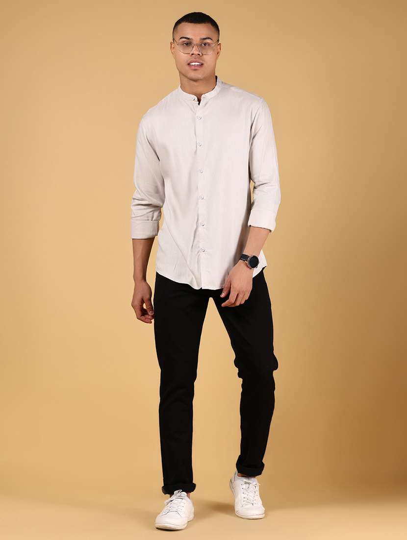 men solid mandarin collar long sleeve casual shirt - 21872776 -  Standard Image - 3