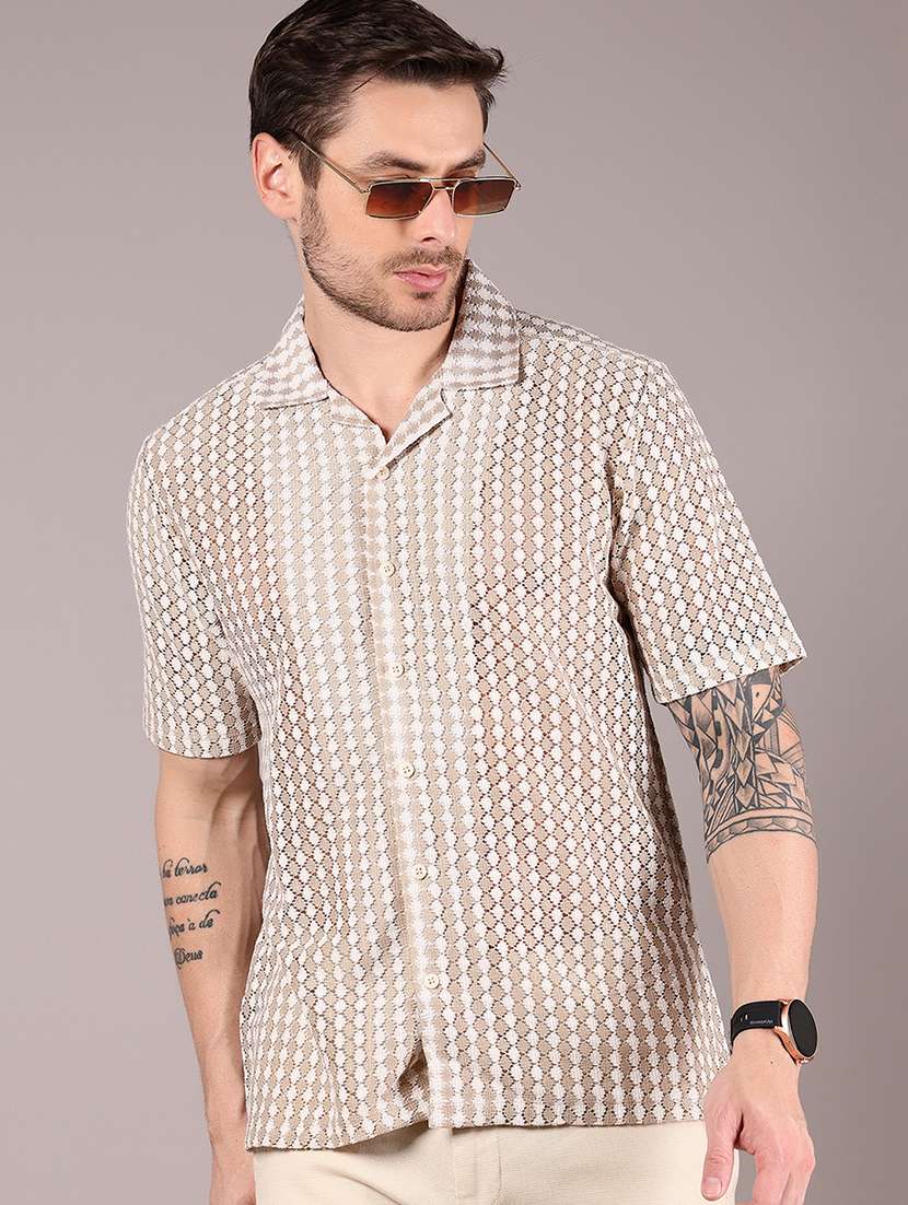men's beige & white textured cuban collar casual shirt - 21872787 - Zoom Image - 0
