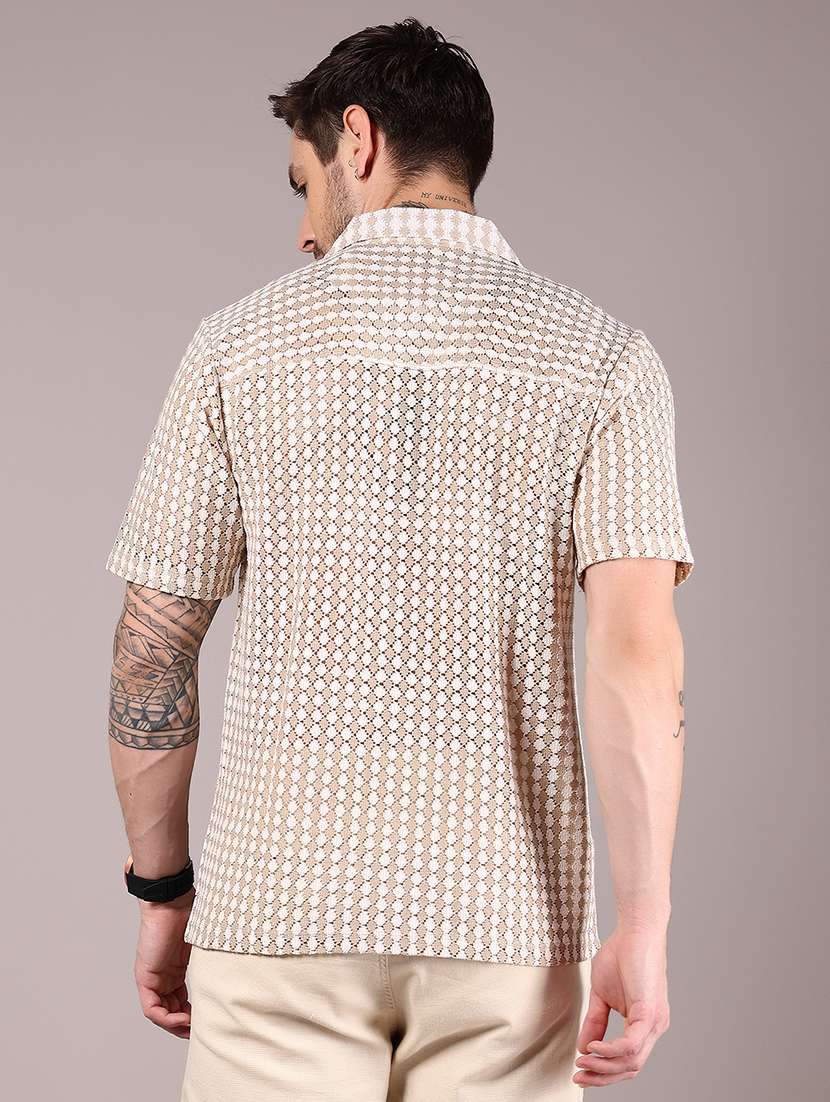 men's beige & white textured cuban collar casual shirt - 21872787 - Standard Image - 3