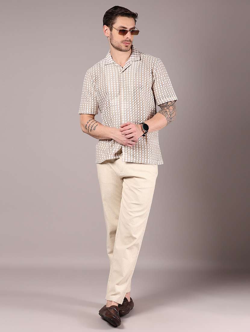 men's beige & white textured cuban collar casual shirt - 21872787 - Standard Image - 5