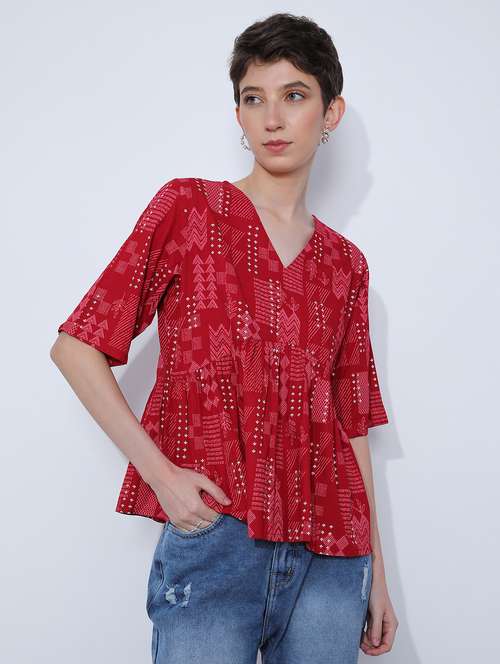 women prined short sleeve peplum top - 21873284 - Standard Image - 0