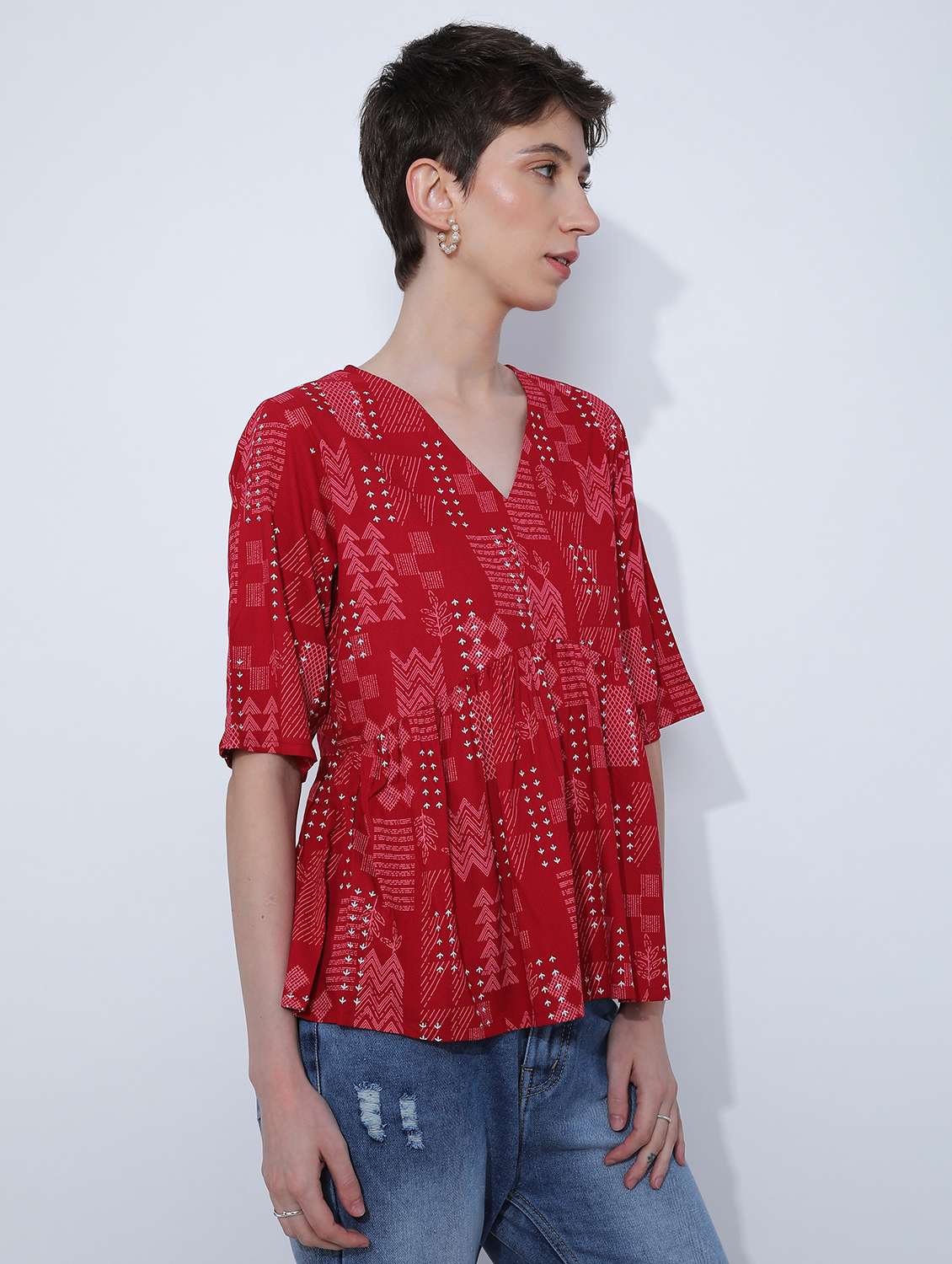 women prined short sleeve peplum top - 21873284 - Standard Image - 3
