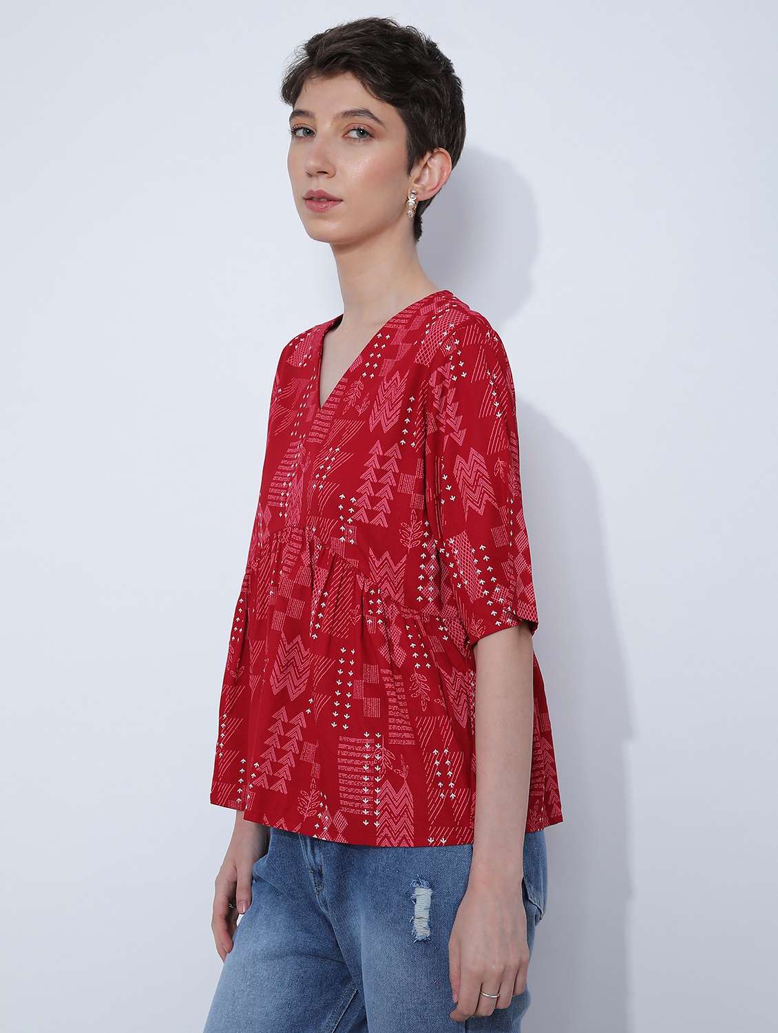 women prined short sleeve peplum top - 21873284 - Standard Image - 5